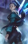  1girl ass bare_shoulders black_hair cowboy_shot earrings from_behind hair_between_eyes halter_top halterneck high_ponytail highres jacket jewelry k/da_(league_of_legends) kai&#039;sa league_of_legends leather leather_pants lips long_hair looking_at_viewer off-shoulder_jacket open_clothes open_jacket pants ponytail purple_eyes raikoart signature solo the_baddest_kai&#039;sa 