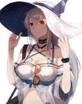  1girl absurdres arknights bangs bare_shoulders bracelet breasts choker cleavage commentary eyewear_removed hair_between_eyes hands_up hat highres jewelry large_breasts long_hair looking_at_viewer navel off-shoulder_shirt off_shoulder parted_lips red_eyes shirt short_sleeves shusuzu silver_hair simple_background skadi_(arknights) solo stomach sun_hat sunglasses upper_body white_background white_headwear white_shirt 