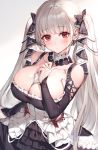  1girl azur_lane bangs bare_shoulders between_breasts black_dress blush breasts cleavage collarbone dress earrings formidable_(azur_lane) frilled_dress frills grey_hair hair_ribbon highres jewelry large_breasts long_hair looking_at_viewer oyu_(sijimisizimi) red_eyes ribbon simple_background twintails two-tone_dress two-tone_ribbon very_long_hair white_background 