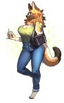  absurd_res anthro beverage big_breasts biped blue_eyes bottomwear breasts canid canine canis claws cleavage clothed clothing coffee digital_drawing_(artwork) digital_media_(artwork) digitigrade domestic_dog female fluffy fluffy_tail food fully_clothed fur german_shepherd hair handbag herding_dog hi_res holding_food holding_object jeans long_hair looking_at_viewer mammal misty_(lewdfruit) multicolored_body multicolored_fur pants pastoral_dog pgm300 shirt simple_background solo standing toe_claws topwear touching_hair 