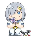  1girl 3toshinhmkz blue_eyes card chibi commentary_request cowboy_shot gloves grey_skirt hair_ornament hair_over_one_eye hairclip hamakaze_(kantai_collection) holding holding_card joker kantai_collection looking_at_viewer neckerchief old_maid playing_card pleated_skirt school_uniform serafuku short_hair short_sleeves silver_hair simple_background skirt solo white_background white_gloves yellow_neckwear 