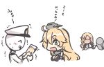  2girls admiral_(kantai_collection) blonde_hair blush chibi commentary_request gloves hammer hat headgear holding holding_hammer hornet_(kantai_collection) iowa_(kantai_collection) kantai_collection long_hair multiple_girls nakadori_(movgnsk) open_mouth peaked_cap simple_background star-shaped_pupils star_(symbol) symbol-shaped_pupils translation_request white_background 