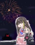  2girls :3 bangs blue_kimono blush_stickers brown_hair chibi chika_(keiin) commentary_request dinergate_(girls_frontline) eyebrows_visible_through_hair fan fireworks girls_frontline green_hair hair_between_eyes headgear highres holding holding_fan japanese_clothes kimono long_hair m4_sopmod_ii_jr m4a1_(girls_frontline) mecha multicolored_hair multiple_girls night o_o pink_kimono sitting streaked_hair 