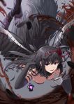  1girl akemi_homura akuma_homura argyle argyle_legwear bare_shoulders black_dress black_gloves black_hair choker commentary cup dark_orb_(madoka_magica) dress elbow_gloves falling feathered_wings feathers floating_hair gloves grey_background hairband highres long_hair mahou_shoujo_madoka_magica noeru purple_eyes red_hairband sidelocks simple_background solo tea teacup thighhighs wings 