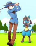  1boy bangs blue_headwear blue_jacket brown_footwear brown_pants closed_mouth cloud commentary_request day gen_4_pokemon golf_club grass hat holding holding_golf_club jacket kurochiroko long_sleeves lucario outdoors pants pokemon pokemon_(creature) pokemon_(game) pokemon_dppt riley_(pokemon) shoes silhouette sky spiked_hair tree 