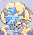  &lt;3 &lt;3_eyes 2020 accessory all_fours ambiguous_gender ambiguous_species anthro blue_eyes blue_hair blush duo eeveelution english_text erection fan_character fellatio first_person_view front_view fur genitals hair hair_accessory hair_bow hair_ribbon hi_res humanoid_genitalia humanoid_penis looking_at_viewer male male/ambiguous male_(lore) nintendo nude onomatopoeia oral oral_penetration penetration penile penis pok&eacute;mon pok&eacute;mon_(species) purple_background ribbonjob ribbons sex shiny_pok&eacute;mon shooty simple_background sound_effects sylveon text uromatsu video_games yellow_body yellow_fur 