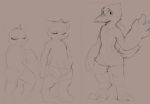  2020 anthro avian beak bird bulge clothed clothing dacad monochrome sketch solid_color_background standing topless wave 