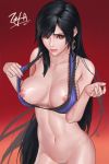  1girl black_hair bottomless bow bowtie breasts brown_eyes crescent crescent_earrings earrings final_fantasy final_fantasy_vii final_fantasy_vii_remake gradient gradient_background highres jewelry kryp132 long_hair looking_at_viewer nipple_slip nipples parted_lips pubic_hair pubic_hair_peek red_background solo tifa_lockhart toned upper_body very_long_hair 