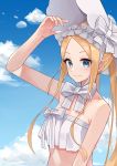  1girl abigail_williams_(fate/grand_order) abigail_williams_(swimsuit_foreigner)_(fate) absurdres bangs bare_shoulders bikini blonde_hair blue_eyes blue_sky blush bonnet bow breasts closed_mouth fate/grand_order fate_(series) forehead hair_bow hand_up highres long_hair looking_at_viewer multiple_bows parted_bangs sidelocks sky small_breasts smile sorazee12 swimsuit very_long_hair white_bikini white_bow white_headwear 