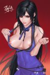  1girl black_hair bow bowtie breasts brown_eyes covered_navel crescent crescent_earrings dress earrings final_fantasy final_fantasy_vii final_fantasy_vii_remake gradient gradient_background highres jewelry kryp132 long_hair looking_at_viewer nipple_slip nipples no_bra parted_lips purple_dress red_background solo tifa_lockhart toned upper_body very_long_hair 