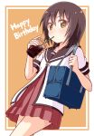  1girl bag bangs brown_eyes brown_hair brown_sailor_collar collarbone commentary_request cowboy_shot cup drinking_straw english_text eyebrows_visible_through_hair funami_yui handbag happy_birthday medium_hair medium_request nanamori_school_uniform orange_background pontasu sailor_collar school_uniform serafuku shiny shiny_hair simple_background sipping solo two-tone_background yuru_yuri 