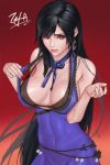  1girl black_hair bow bowtie bra breasts brown_eyes covered_navel crescent crescent_earrings dress earrings final_fantasy final_fantasy_vii final_fantasy_vii_remake gradient gradient_background highres jewelry kryp132 long_hair looking_at_viewer parted_lips purple_dress red_background solo tifa_lockhart toned underwear upper_body very_long_hair 