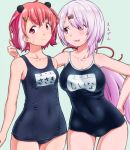  2girls ahoge artist_request collarbone covered_navel ear_piercing eyebrows_visible_through_hair hair_ornament hair_over_one_eye hairclip hand_on_hip highres kusaba_(kusabashiki) looking_at_another multicolored_hair multiple_girls name_tag nijisanji piercing pink_hair red_eyes sasaki_saku school_swimsuit shiina_yuika simple_background swimsuit thumbs_up translation_request two-tone_hair 