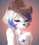  amber_puppy anthro blue_eyes blue_hair blue_nipples blue_nose breast_grab breasts canid canine canis clothed clothing exposed_breasts female fruitbloodmilkshake fur hair hand_on_breast hi_res mammal nipples partially_clothed ponytail shirt solo topwear white_body white_fur white_hair wolf 