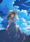 1girl arm_up bangs black_hair blue_sky blush bow cloud cloudy_sky commentary_request day dress eyebrows_visible_through_hair frilled_dress frills grey_dress hair_between_eyes hand_on_headwear hat hat_bow highres idolmaster idolmaster_shiny_colors long_hair looking_at_viewer looking_to_the_side morino_rinze multicolored_hair outdoors parted_lips pink_hair red_eyes see-through see-through_sleeves short_sleeves sky solo sorano_eika sun_hat two-tone_hair white_bow white_headwear wind_chime 
