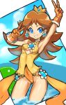  1girl alternate_costume arm_up armpits blue_eyes breasts brown_hair cloud commentary_request covered_nipples crown dakusuta double_v earrings flower_earrings gloves grin hand_gesture highres jewelry long_hair looking_at_viewer mario_(series) medium_breasts princess_daisy smile solo v 