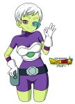  1girl armor bodysuit breasts cheelai closed_mouth dragon_ball dragon_ball_super dragon_ball_super_broly eron gloves green_skin highres looking_at_viewer purple_bodysuit purple_eyes scouter short_hair simple_background smile solo white_background white_gloves white_hair 