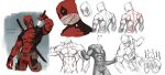  1boy abs anatomy arm_up art_study back belt belt_buckle belt_pouch buckle closed_mouth costume covered_abs covered_navel deadpool dosol eating english_text food gloves highres holding holding_food holding_sword holding_weapon katana male_focus marvel mask no_pupils pouch red_gloves scabbard sheath sheathed shirtless simple_background sketch smile solo superhero sword tearing_up unsheathing weapon weapon_on_back white_background 
