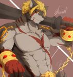  abs alternate_species anthro berserker_beowulf biceps canid canine canis chain club_(weapon) fate_(series) furrification hi_res holding_object holding_weapon looking_at_viewer male mammal melee_weapon muscular muscular_anthro muscular_male pecs red_eyes scar solo tach8 weapon wolf 