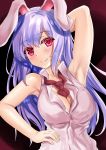  1girl adapted_costume animal_ears arm_behind_head arm_up armpits between_breasts black_background blush breasts bunny_ears cleavage eyebrows_visible_through_hair gradient gradient_background hand_on_hip kerotsupii_deisuku large_breasts lavender_hair leaning_to_the_side long_hair looking_at_viewer loose_necktie necktie necktie_between_breasts open_clothes open_shirt red_background red_eyes red_neckwear reisen_udongein_inaba shirt sleeveless sleeveless_shirt smile solo standing touhou upper_body very_long_hair white_shirt 