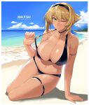 1girl alternate_hair_color arm_support beach bikini bikini_pull bikini_tan black_bikini black_choker black_headband blonde_hair blue_sky breasts choker cleavage collarbone dark_skin day fingerless_gloves flipped_hair gloves green_eyes hair_between_eyes halcon headband highres jewelry kantai_collection large_breasts lifted_by_self looking_at_viewer mutsu_(kantai_collection) navel necklace ocean one_eye_closed outdoors shore short_hair sidelocks sky smile solo strap_lift swimsuit tan tanline thigh_strap 