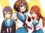  3girls armband asahina_mikuru bangs blue_sailor_collar blue_skirt brown_eyes brown_hair cardigan closed_mouth commentary_request expressionless h hair_ribbon hairband kita_high_school_uniform long_hair long_sleeves looking_at_viewer multiple_girls nagato_yuki nyanmaru_(ememing) open_mouth orange_hair purple_hair red_ribbon ribbon sailor_collar school_uniform serafuku short_hair skirt smile suzumiya_haruhi suzumiya_haruhi_no_yuuutsu yellow_hairband yellow_ribbon 