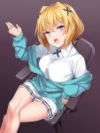  1girl blonde_hair blue_cardigan blue_eyes breasts cardigan chair collared_shirt crossed_legs frown gradient gradient_background hair_ornament hand_up konnyaku_(kk-monmon) lanterby_(shokugeki_no_souma) long_sleeves looking_at_viewer miniskirt off_shoulder office_chair open_mouth pleated_skirt shirt shokugeki_no_souma short_hair sitting skirt solo thighs white_shirt white_skirt x_hair_ornament 