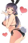  1girl :d animal_ears ass bikini black_bikini bunny_ears bunny_tail deyuuku fake_animal_ears fake_tail hair_ornament hair_scrunchie heart long_hair looking_at_viewer love_live! love_live!_school_idol_project low_twintails nail_polish open_mouth purple_hair red_nails scrunchie simple_background smile solo swimsuit tail toujou_nozomi twintails white_background yellow_scrunchie 