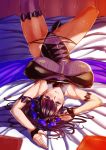  1girl armlet bangs bare_shoulders black_gloves black_hair black_swimsuit breasts covered_navel fate/grand_order fate_(series) fingerless_gloves flower gloves hair_flower hair_ornament hair_up half_gloves highleg highleg_swimsuit highres large_breasts long_hair looking_at_viewer lying murasaki_shikibu_(fate) murasaki_shikibu_(swimsuit_rider)_(fate) on_back one-piece_swimsuit purple_eyes purple_hair swimsuit thighs tied_hair yuhica 