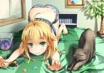  animal artoria_pendragon_(all) ass barefoot bed blonde_hair candy cat fate/stay_night fate_(series) green_eyes hellnyaa possible_duplicate saber shorts tree 