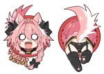  1boy animal_ears ass astolfo_(fate) blush_stickers bow braid braided_ponytail commentary_request dog_boy dog_ears dog_tail eyebrows_visible_through_hair eyes_visible_through_hair fangs fate/apocrypha fate_(series) hair_between_eyes hair_bow haoro highlights looking_at_viewer multicolored_hair multiple_views o_o open_mouth otoko_no_ko panties pink_hair simple_background skin_fangs tail thighhighs tongue translation_request two-tone_hair underwear upskirt white_background white_hair 