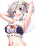  1girl :d akari_(princess_connect!) armpits arms_behind_head arms_up bare_arms bare_shoulders blue_eyes breasts covered_nipples crop_top frilled_shirt frills gold_trim grey_hair hair_ornament heart lambda_(kusowarota) long_hair looking_at_viewer medium_breasts midriff navel open_mouth princess_connect! princess_connect!_re:dive shirt simple_background sleeveless sleeveless_shirt smile solo stomach twintails upper_body white_background white_shirt wings 