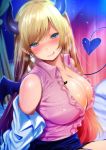  1girl :q aqua_eyes bangs blonde_hair blue_eyes blush breasts cleavage collarbone demon_girl demon_horns demon_tail demon_wings eyebrows_visible_through_hair fumihiko_(fu_mihi_ko) head_tilt highres hololive horns labcoat large_breasts long_hair looking_at_viewer on_bed pink_shirt pointy_ears shirt sitting sleeveless sleeveless_shirt smile solo sweat tail tongue tongue_out undressing virtual_youtuber wings yuzuki_choco 