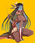  1girl barefoot black_hair blue_eyes bodypaint braid breasts cleavage clenched_teeth dark_skin fate/grand_order fate_(series) genderswap genderswap_(mtf) geronimo_(fate/grand_order) headdress highres holding holding_weapon jewelry knife large_breasts long_hair native_american native_american_headdress navel necklace rokkotsu simple_background solo squatting teeth very_long_hair weapon yellow_background 