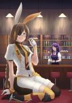  2girls absurdres alcohol alternate_costume anger_vein animal_ears artist_request bar broken bunny_ears commission crossover cup drinking drinking_glass eyepatch formal giantess grifon_&amp;_kryuger highres jill_stingray m16a1_(girls_frontline) multiple_girls necktie nier_(series) size_difference stool suit va-11_hall-a whiskey 