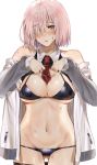  1girl amakaze ass_visible_through_thighs between_breasts black_bra black_panties bra breasts fate/grand_order fate_(series) hair_over_one_eye highres large_breasts long_sleeves mash_kyrielight navel necktie necktie_between_breasts panties pink_hair purple_eyes red_neckwear short_hair simple_background solo underwear white_background 