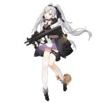  1girl assault_rifle aug_para black_footwear bow bowtie breasts bullpup character_request dress eyebrows_visible_through_hair girls_frontline gun hair_ribbon holding holding_weapon jacket leg_holster long_hair looking_at_viewer multicolored multicolored_clothes multicolored_dress multicolored_jacket open_eyes open_mouth ribbon rifle shoes silver_hair single_thighhigh smile smile_(mm-l) solo squirrel steyr_aug thighhighs twintails weapon white_background white_legwear white_neckwear yellow_eyes 