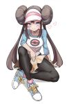  1girl absurdres blue_eyes blue_footwear blush brown_hair crossed_legs double_bun english_commentary heart highres kiritzuguart long_hair looking_at_viewer pantyhose pokemon pokemon_(game) pokemon_bw2 raglan_sleeves rosa_(pokemon) shoes shorts simple_background sitting smile sneakers solo twintails very_long_hair visor_cap white_background yellow_shorts 