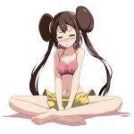  1girl :o arms_between_legs bangs bare_arms bare_legs bare_shoulders barefoot between_legs blush bra breast_squeeze breasts brown_hair cleavage closed_eyes collarbone crossed_legs double_bun halterneck hand_between_legs highres indian_style long_hair medium_breasts navel open_mouth pink_bra pokemon pokemon_(game) pokemon_bw2 rosa_(pokemon) shadow shorts sidelocks simple_background sitting sleeveless solo sweat tsukishiro_saika twintails underwear white_background yellow_shorts 