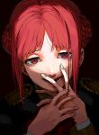  1girl fire_emblem fire_emblem:_three_houses garreg_mach_monastery_uniform hair_bun highres monica_von_ochs open_mouth pixiv14364901 red_eyes red_hair short_hair simple_background solo uniform upper_body 