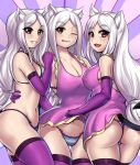  3girls :d ahoge animal_ear_fluff animal_ears arm_around_waist ass ass_visible_through_thighs bangs bikini blush breasts cerberus_(helltaker) cleavage cosplay crossover demon_girl demon_tail dog_ears dog_girl dress dress_lift elbow_gloves eyebrows_visible_through_hair eyelashes fang frilled_dress frills gloves hand_on_another&#039;s_shoulder hand_on_another&#039;s_waist helltaker highres large_breasts leonart licking_lips long_hair looking_at_viewer me!me!me! meme_(me!me!me!) multicolored multicolored_background multiple_girls navel one_eye_closed open_mouth purple_dress purple_gloves purple_legwear red_eyes short_dress smile striped striped_bikini swimsuit swimsuit_under_clothes tail teeth thighhighs tongue tongue_out triplets white_hair 