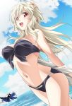  1girl ahoge bare_shoulders bikini breasts flower front-tie_bikini front-tie_top hair_flower hair_ornament jinki jinrouki_winvurga large_breasts long_hair mashiro_(jinrouki_winvurga) navel open_mouth red_eyes stomach swimsuit tsunashima_shirou white_hair 