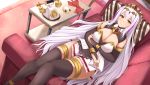  1girl bow breasts cleavage commentary_request couch highlights kanzaki_kureha large_breasts long_hair looking_at_viewer lying multicolored_hair on_back phone purple_hair reverse_real solo thigh_strap thighhighs two-tone_hair very_long_hair virtual_youtuber white_hair wollpheus_astolea yellow_eyes 