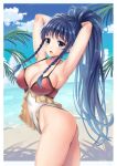  1girl arms_up beach blue_eyes blue_hair blue_sky braid breasts cleavage cloud commentary day fire_emblem fire_emblem:_the_sacred_stones fire_emblem_heroes from_side highres large_breasts long_hair looking_to_the_side one-piece_swimsuit open_mouth outdoors ponytail sky solo swimsuit tana_(fire_emblem) water yui_(msy1302mana) 