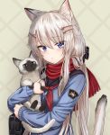  1girl 9a-91_(girls_frontline) absurdres animal animal_ears bag blue_eyes blue_shirt carrying cat cat_ears cat_girl cat_tail closed_mouth duffel_bag girls_frontline hair_ornament hair_scrunchie hairclip highres kemonomimi_mode long_hair long_sleeves looking_at_viewer neckerchief patch sailor_collar scarf scrunchie shirt siamese_cat silver_hair solo tail tail_raised upper_body yakob_labo 