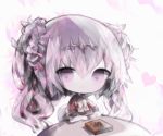  1girl :o bangs book chair chibi commentary_request cottontailtokki eyebrows_visible_through_hair fran_(shadowverse) hair_between_eyes headpiece heart long_hair looking_at_viewer on_chair parted_lips purple_eyes purple_hair red_shirt shadowverse shingeki_no_bahamut shirt short_sleeves sitting solo table twintails upper_body very_long_hair white_background 