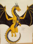  3:4 absurd_res chain curved_horn dragon feral flying gold_scales hi_res horn male nathugar scalie solo tongue tongue_out traditional_media_(artwork) warlord_nath wings yellow_eyes 
