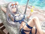  1girl arknights arm_on_head blue_shorts breasts cleavage closed_mouth cup eyebrows_visible_through_hair eyewear_on_head glasses highres holding holding_cup knee_up long_hair looking_up lying medium_breasts navel on_back open_eyes red_eyes shirt shorts siki10ga silver_hair skadi_(arknights) solo swimsuit white_shirt 