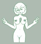  arcnod breasts double_peace_sign female gardevoir genitals green_and_white humanoid monochrome nintendo pok&eacute;mon pok&eacute;mon_(species) pussy solo standing video_games 
