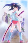  1girl artist_logo black_hair building buruma cityscape commentary_request from_behind full_body gym_uniform highres holding holding_sword holding_weapon kneehighs kurimuzon long_hair looking_at_viewer looking_back original red_buruma red_eyes shirt shoes solo stairs standing sword t-shirt uwabaki weapon white_legwear white_shirt 